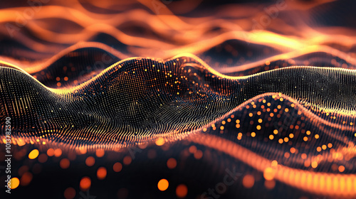 Abstract neon futuristic digital wallpaper with flow mesh wave with orange bokeh dots on black background. depicting: future technology, cloud storage, cyberspace and cybersecurity concepts