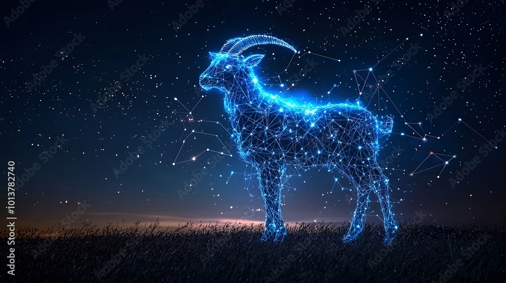 A sparkling digital goat, composed of interconnected lines and points, stands within an expansive constellation web, showcasing technological beauty and cosmic awe. A sparkling digital goat, composed of interconnected lines and points, stands within an expansive constellation web, showcasing technological beauty and cosmic awe.