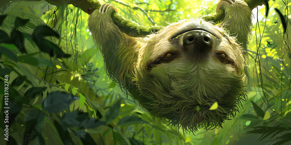 Fototapeta premium A sleepy sloth hanging upside down from a branch, its fur blending into the verdant green forest canopy.