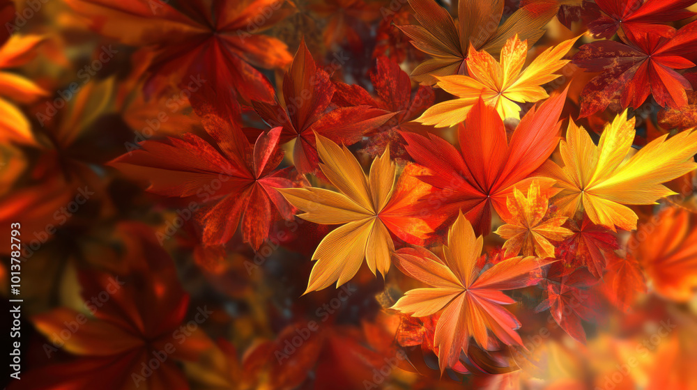 vibrant display of 3D fall leaves in shades of orange, red, and yellow creates joyful explosion of autumn colors, evoking sense of warmth and beauty vibrant display of 3D fall leaves in shades of orange, red, and yellow creates joyful explosion of autumn colors, evoking sense of warmth and beauty