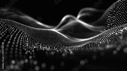 Abstract neon futuristic digital wallpaper with flow mesh wave with white bokeh dots on black background. depicting: future technology, cloud storage, cyberspace and cybersecurity concepts