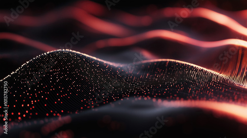 Abstract neon futuristic digital wallpaper with flow mesh wave with red bokeh dots on black background. depicting: future technology, cloud storage, cyberspace and cybersecurity concepts