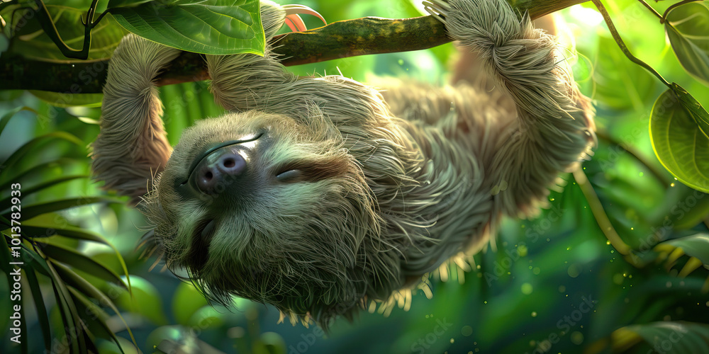 Naklejka premium A sleepy sloth hanging upside down from a branch, its fur blending into the verdant green forest canopy.