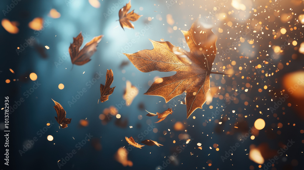 explosion of 3D autumn leaves and glowing particles creates magical atmosphere, capturing essence of fall with vibrant colors and dynamic movement