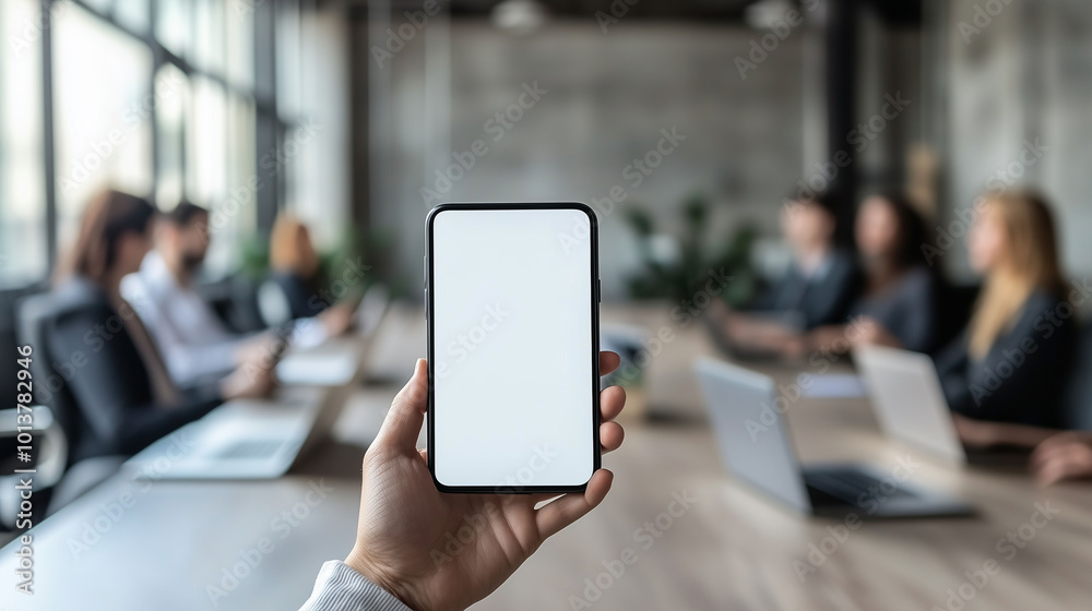 A hand holding a mobile phone with a white screen in an office meeting room, the background showing a conference table, laptops, and colleagues in discussion, slightly blurred