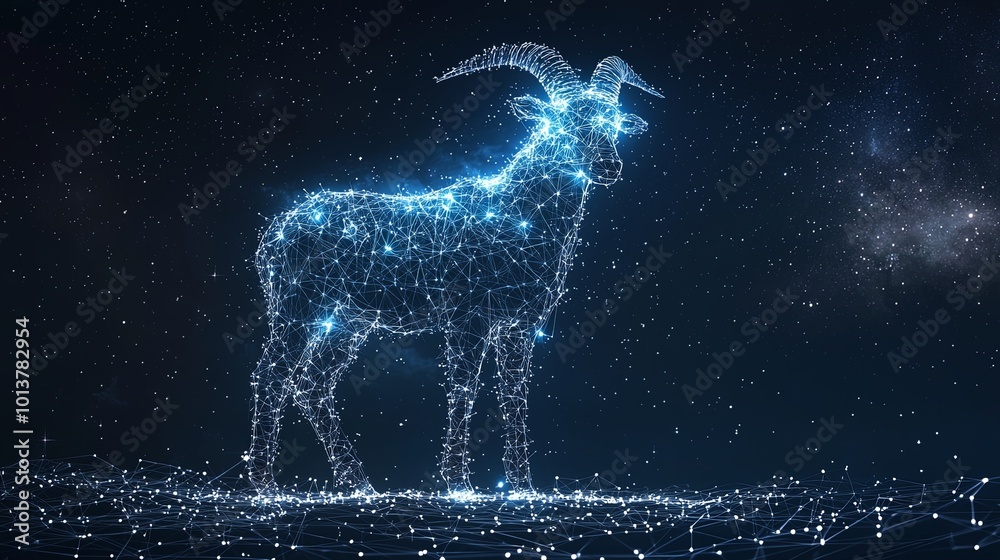 An interconnected wireframe goat, illuminated and outlined by starlight, resides within a starry realm, symbolizing the merging of nature and technology.