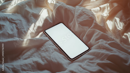 Obraz na płótnie A mobile phone lying on a bed with soft white linens, showing a blank white screen, with warm morning light pouring in through a window, creating a cozy, serene environment w salonie