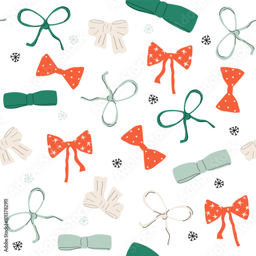 Christmas seamless pattern of coquette bows. Winter print. Vector hand drawn illustration. 