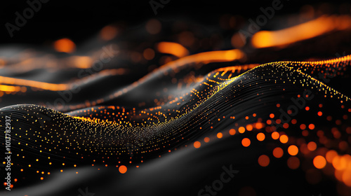 Abstract neon futuristic digital wallpaper with flow mesh wave with orange bokeh dots on black background. depicting: future technology, cloud storage, cyberspace and cybersecurity concepts