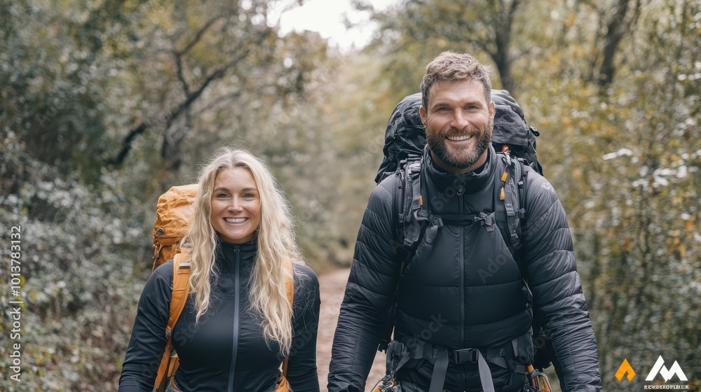 Fototapeta premium Smiling couple enjoying a hike through a forest, wearing outdoor gear and backpacks.