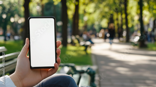 A close-up shot of a mobile phone with a white screen held by a person sitting on a park bench, with trees and people in the background, blurred for a sense of depth and motion