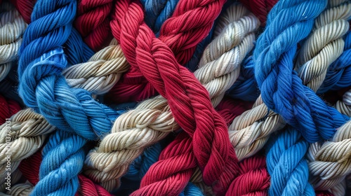 red, white, and blue wool yarn texture close-up, perfect for knitting projects or textile crafts