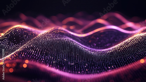 Abstract neon futuristic digital wallpaper with flow mesh wave with orange pink dots on black background. depicting: future technology, cloud storage, cyberspace and cybersecurity concepts