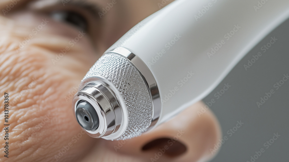 A close-up of advanced medical tech devices on elderly skin, illustrating hormonal balance technology, clean and minimalist design