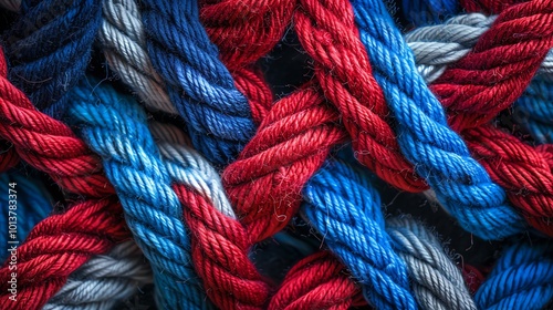 red, white, and blue wool yarn texture close-up, perfect for knitting projects or textile crafts