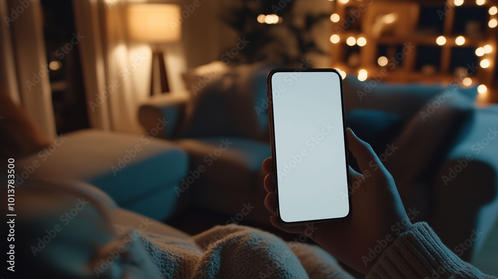 A close-up of a mobile phone being held by a person in a home living room. The blank white screen is clearly visible, with cozy home decor in the background, featuring soft lighting from a floor lamp