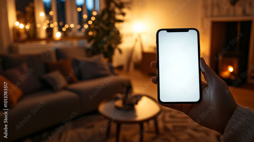 A close-up of a mobile phone being held by a person in a home living room. The blank white screen is clearly visible, with cozy home decor in the background, featuring soft lighting from a floor lamp