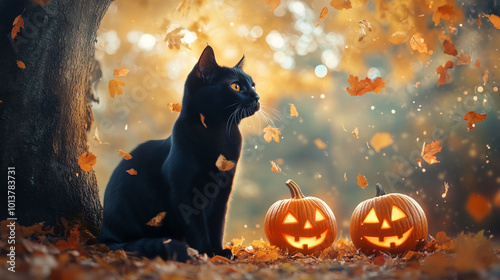 A black cat under a spooky autumn tree with glowing jack-o-lanterns and falling leaves, Halloween atmosphere