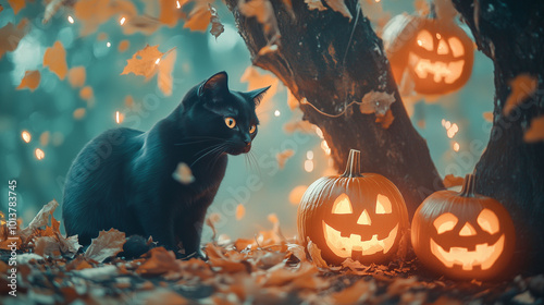 Obraz na płótnie A black cat under a spooky autumn tree with glowing jack-o-lanterns and falling leaves, Halloween atmosphere w salonie