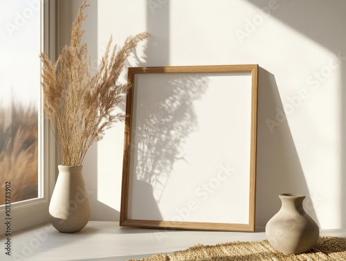 A serene, bright space showcasing dried plants in vases and an empty wooden frame, bathed in natural light by the window. photo