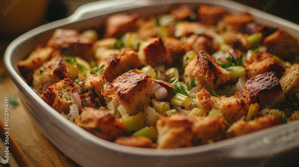 A savory stuffing made with crusty bread, onions, celery, and a blend of herbs, baked to golden perfection