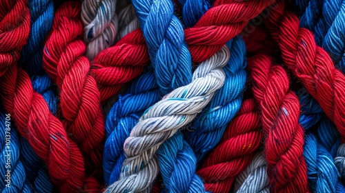 red, white, and blue wool yarn texture close-up, perfect for knitting projects or textile crafts