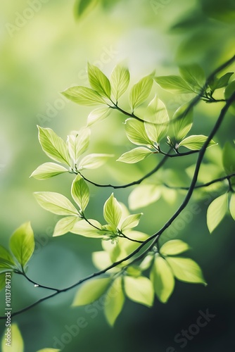 Green leaves on a branch with soft light shining through, spring nature background.