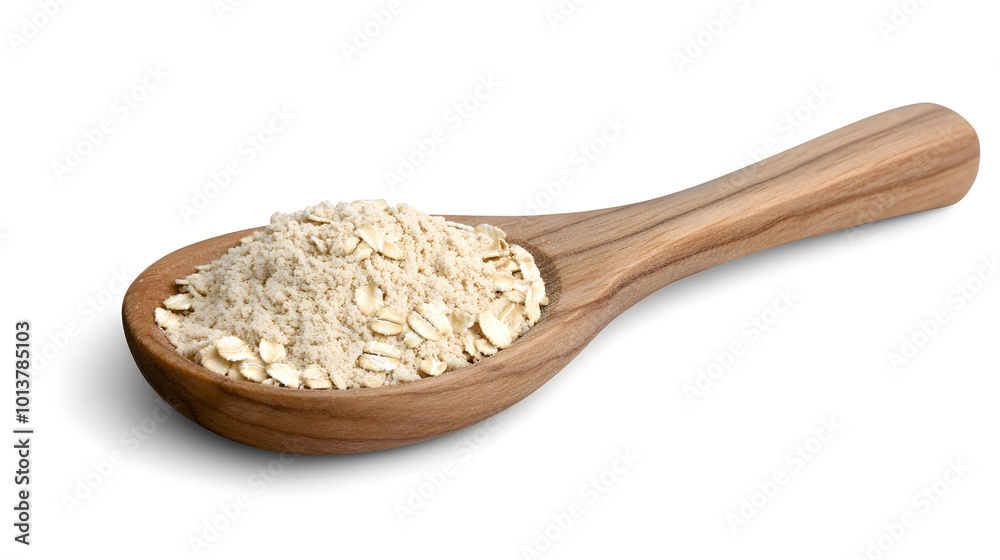 Uncooked oat bran in the wooden scoop design, isolated on a white background design Uncooked oat bran in the wooden scoop design, isolated on a white background design
