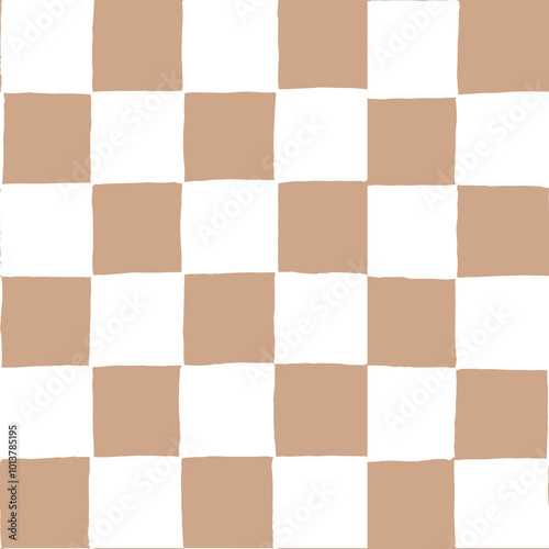 All over seamless repeat pattern with hand drawn warm natural tan and white checker. Versatile trendy background for gender neutral projects, nursery, packaging, textiles, cosmetics.