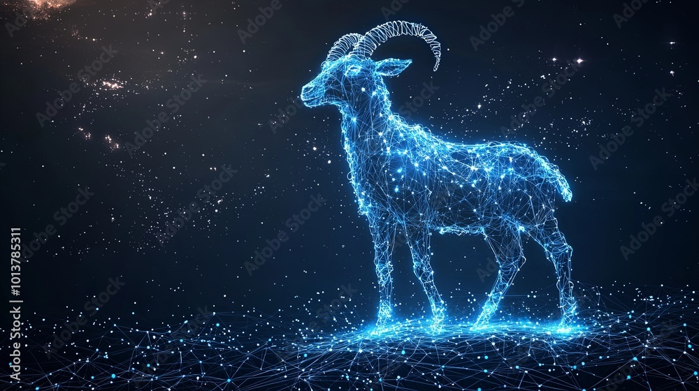 A luminous digital illustration of a goat composed entirely of interconnected blue lines, reminiscent of star constellations, set against a starry night sky. A luminous digital illustration of a goat composed entirely of interconnected blue lines, reminiscent of star constellations, set against a starry night sky.