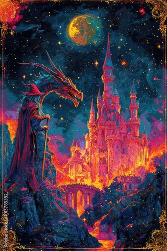 A fabulous illustration depicting a castle and a sorcerer with a dragon