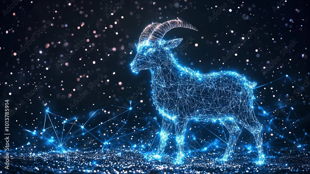A brilliant digital creation of a goat formed from twinkling starry networks, emanating a celestial glow set amidst a vast starry space, symbolizing cosmic unity. A brilliant digital creation of a goat formed from twinkling starry networks, emanating a celestial glow set amidst a vast starry space, symbolizing cosmic unity.