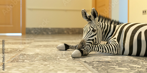 A graceful zebra's striped legs resting on the clinic floor, contrasting with the neutral beige color scheme.