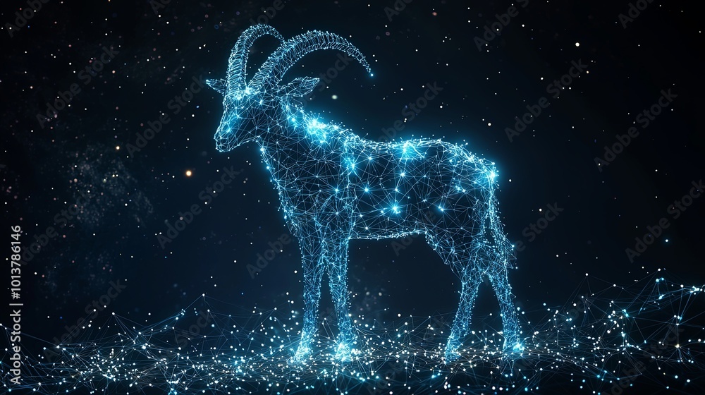 This image unveils a majestic digital goat, intricately crafted from starry patterns that blend seamlessly with a vast backdrop of space, reflecting cosmic grandeur. This image unveils a majestic digital goat, intricately crafted from starry patterns that blend seamlessly with a vast backdrop of space, reflecting cosmic grandeur.