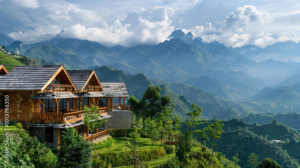 An eco-friendly mountain resort with sustainable practices, offering stunning views of the surrounding peaks An eco-friendly mountain resort with sustainable practices, offering stunning views of the surrounding peaks