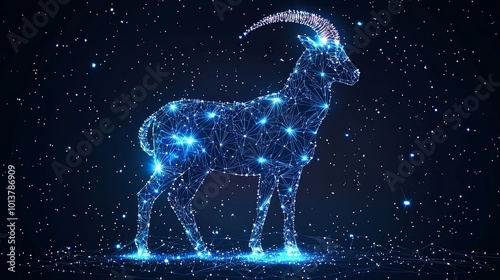 A gallant goat image portrayed as a glowing constellation, intricately designed in astral brilliance, creating a scene of profound cosmic artistry and harmony. photo