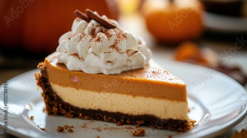 A slice of pumpkin cheesecake with a gingersnap crust, topped with whipped cream and a sprinkle of nutmeg.