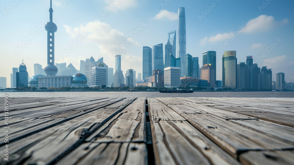 Wooden square platform overlooking the modern skyline of Shanghai, China, with towering buildings and skyscrapers creating a stunning urban backdrop Wooden square platform overlooking the modern skyline of Shanghai, China, with towering buildings and skyscrapers creating a stunning urban backdrop