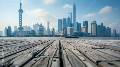 Wooden square platform overlooking the modern skyline of Shanghai, China, with towering buildings and skyscrapers creating a stunning urban backdrop