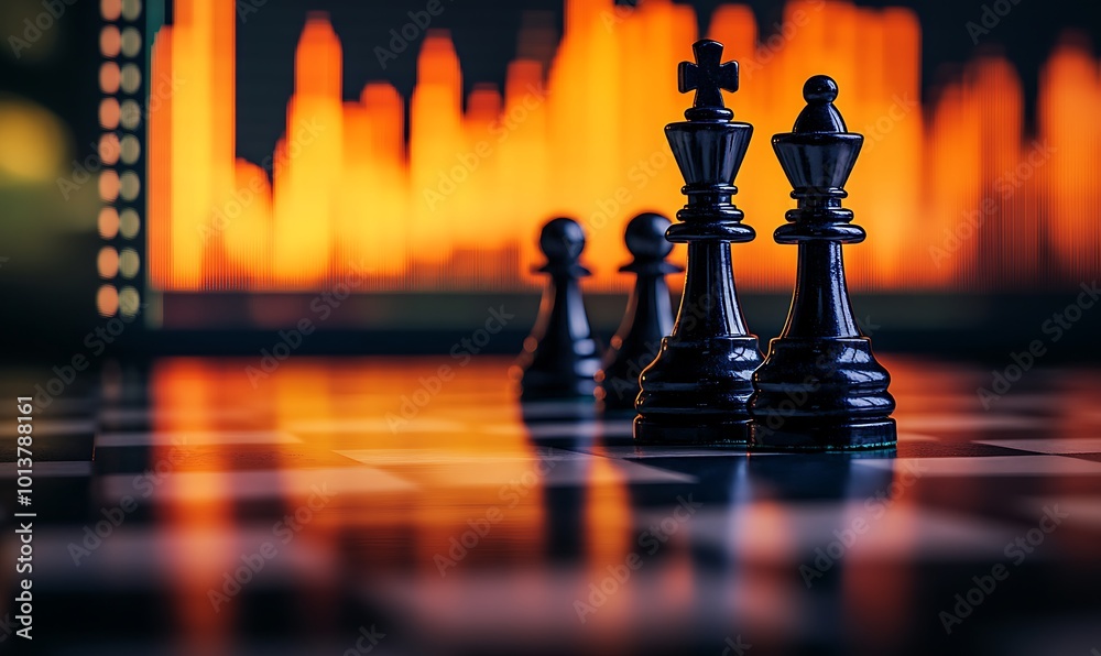 A close-up of black chess pieces against a blurred background with orange graph lines, symbolizing strategy and competition in various contexts. A close-up of black chess pieces against a blurred background with orange graph lines, symbolizing strategy and competition in various contexts.