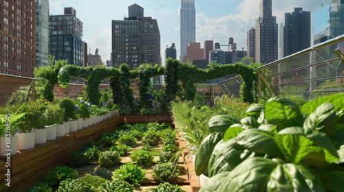 An urban farming landscape that incorporates sustainable practices, growing vegetables in limited city spaces photo