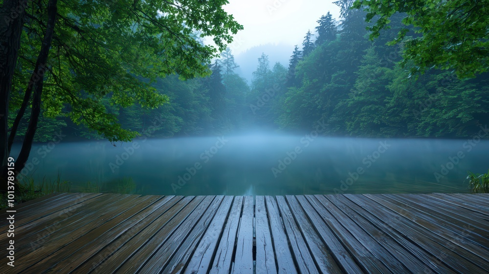 Serene misty lake view from a wooden dock Serene misty lake view from a wooden dock