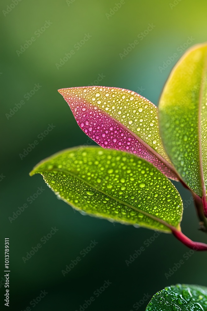 Closeup of Dew Drops on Green and Pink Leaves Closeup of Dew Drops on Green and Pink Leaves
