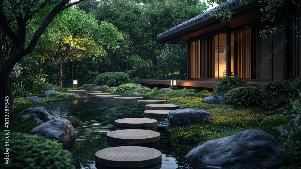 Tranquil garden pathway leading to a serene modern home