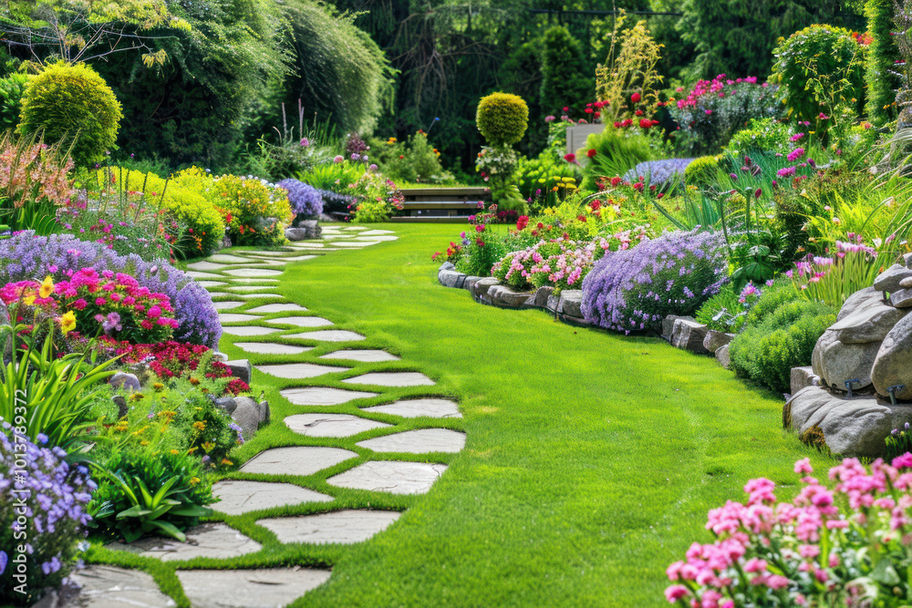 Obraz premium A beautiful English garden with colorful flowers, manicured hedges, and classic stone pathways