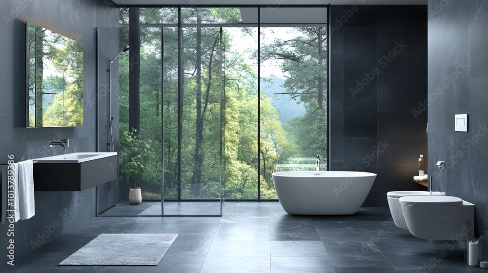 Grey hotel bathroom interior with a glass shower and panoramic window Grey hotel bathroom interior with a glass shower and panoramic window