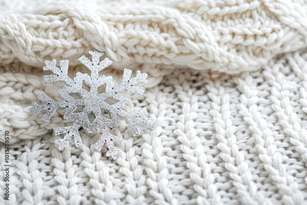 Frosty winter card with falling snow. Crystallic white snowflake on knit defocused background. Magical macro snowflakes backdrop. Holiday background for Christmas New Year banner with copy space. Frosty winter card with falling snow. Crystallic white snowflake on knit defocused background. Magical macro snowflakes backdrop. Holiday background for Christmas New Year banner with copy space.