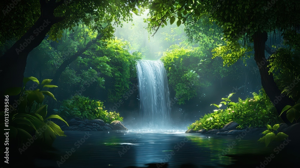 Serene waterfall cascading through lush green forest Serene waterfall cascading through lush green forest