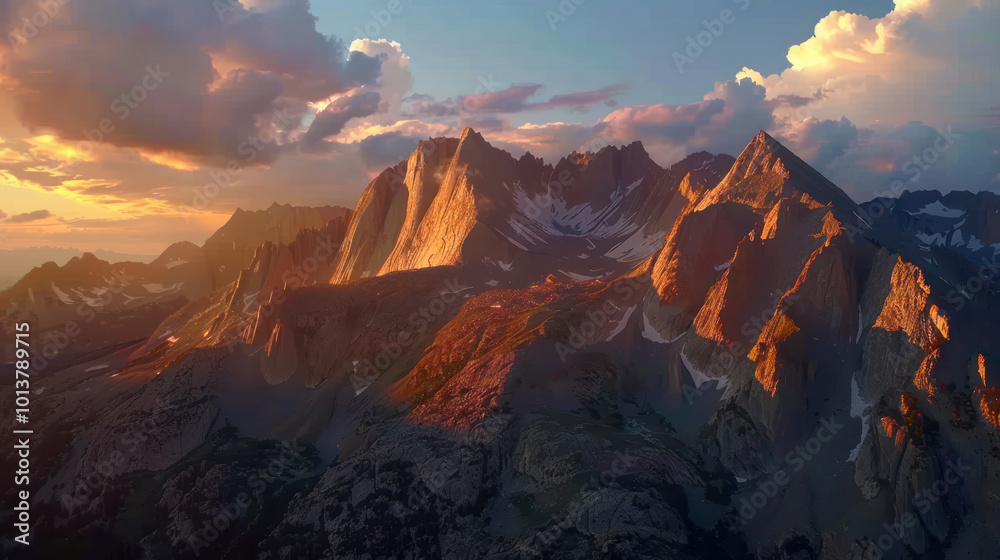 Fototapeta premium A breathtaking mountain range at sunset, with the last rays of light casting a golden hue on the peaks