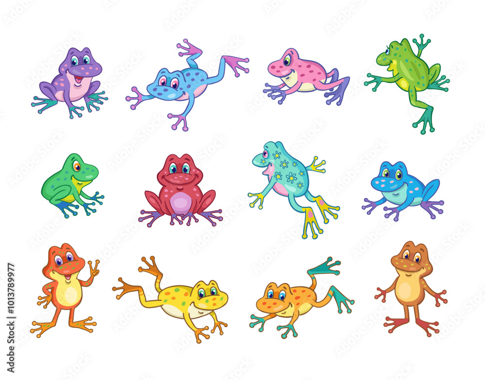 Obraz premium Set of twelve colorful cute frogs. Isolated on white background. Vector cartoon illustration.